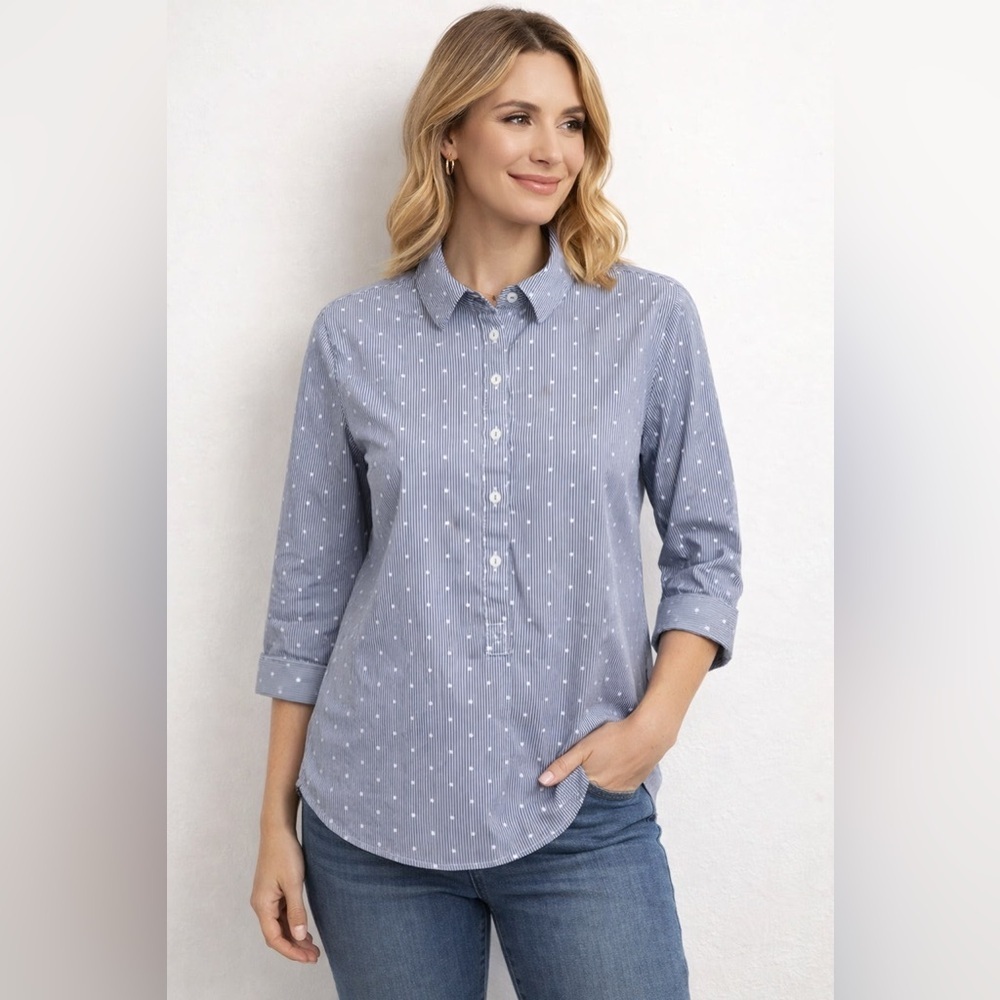 LILA ROSE Blue & White Striped Polka Dot Button Blouse 3/4 Sleeve/M